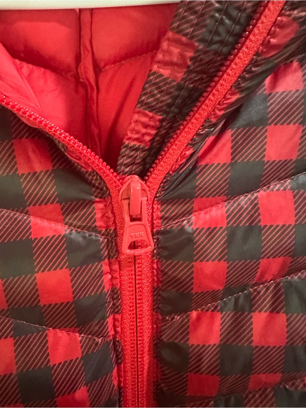 Lands' End Red and Black Buffalo Plaid Puffer Jacket with Hood packable - Picture 3 of 6